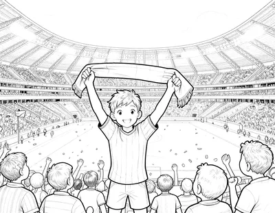 Coloriage d'un jeune supporteur dans un stade bondé, levant une écharpe au-dessus de sa tête devant les tribunes et les projecteurs.