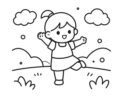 Dessin au trait d'une jeune fille souriante, les bras écartés, dans une robe sans manches et des sandales, avec une queue de cheval haute. Arrière-plan blanc.
