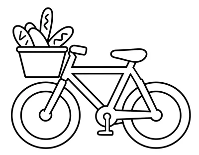 Coloriage d'un grand vélo simple aux roues rondes, avec un panier de baguettes et un petit drapeau français sur le guidon.