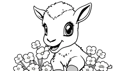 Color panel of a cute baby goat in flowers.
