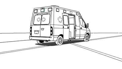 Dessin au trait noir et blanc d'une ambulance avec la porte latérale ouverte, prête à être coloriée.