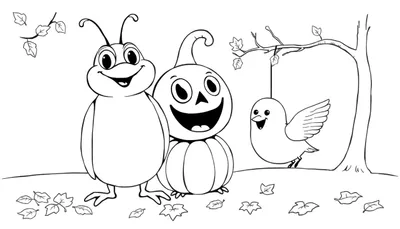 Illustration en noir et blanc d'une scène d'automne avec un insecte, une citrouille et un oiseau sur un fond d'arbre et de feuilles.