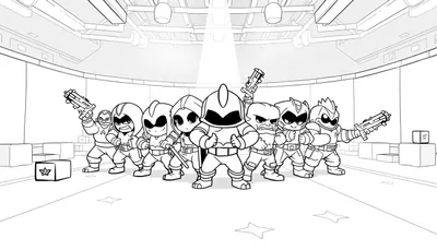 Des super-héros de dessin animé dans une arène futuriste, prêts à l'action.