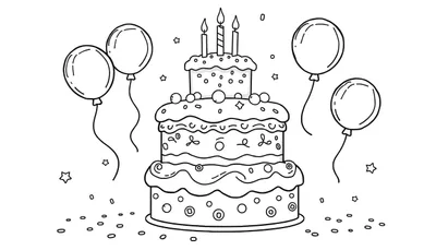 Une assiette couleur de dessin animé d'un gâteau d'anniversaire à trois niveaux avec trois bougies allumées, entouré de ballons et de confettis.