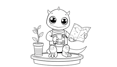 Extraterrestre amical tenant une carte et un appareil électronique, avec un pot de fleurs.