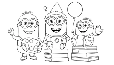 Trois Minions joyeux, l'un tient une palette d'artiste, les deux autres sont assis sur des livres, l'un avec un chapeau pointu et l'autre avec un oiseau sur l'épaule.