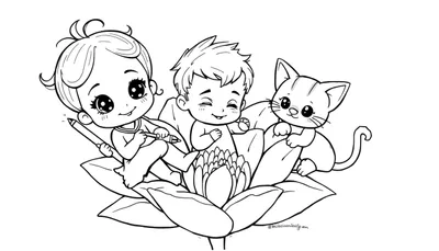 Dessin au trait d'un bouton de fleur avec deux bébés et un chaton, un joyeux color panel pour enfants.