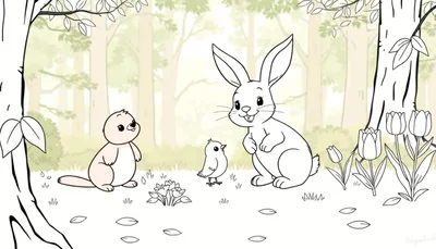 Un dessin au trait en noir et blanc d'un lapin, d'un oiseau et d'un écureuil dans une forêt.