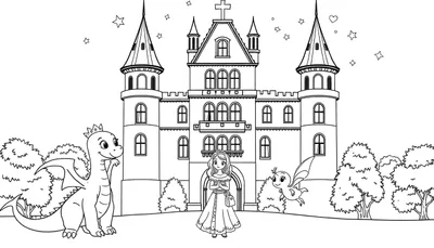 Dessin au trait d'une princesse avec un dragon et une fée devant un château, parfait pour un color panel.