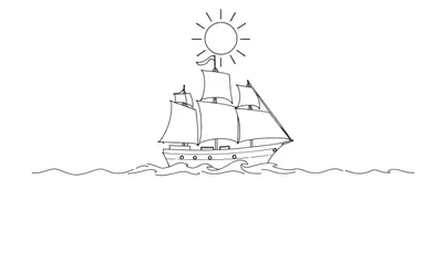 Dessin au trait d'un voilier à trois mâts naviguant sur des vagues bleues sous un soleil radieux, avec un color panel subtil dans les tons bleus et jaunes.
