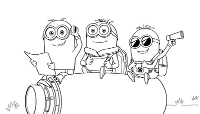 Dessin au trait de trois Minions souriants sur le dessus d'une fusée, l'un tenant une carte, l'autre un livre, et le troisième un télescope. Un color panel coloré les entoure.