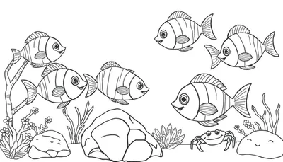 Dessin au trait de poissons souriants nageant avec un crabe dans un décor sous-marin, idéal pour un color panel.
