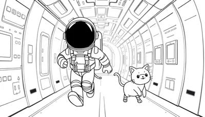 Illustration en noir et blanc d'un astronaute de style Among Us courant avec un chat dans un couloir de vaisseau spatial, sur un color panel.