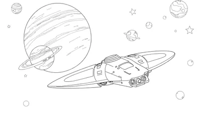 Dessin au trait noir et blanc d'un vaisseau spatial futuriste naviguant dans l'espace parmi des planètes et des étoiles, avec un color panel pour inspirer les couleurs.
