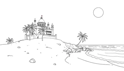 Dessin au trait d'un paysage tropical avec un château sur une colline, des palmiers, une plage et des vagues.