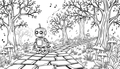 Un petit robot et son chien explorent une forêt enchantée.