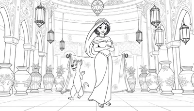 Illustration au trait d'une jeune femme dans un palais oriental avec un chien, un tapis volant et des décorations.