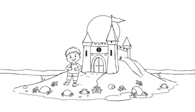 Un garçon dessiné en noir et blanc avec un sac à dos debout près d'un grand château de sable, entouré de petites tortues et de crabes, sur une plage.