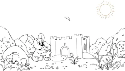 Dessin au trait noir et blanc d'une souris et d'un petit animal jouant dans un jardin avec un château, un soleil et des fleurs, parfait pour un color panel.