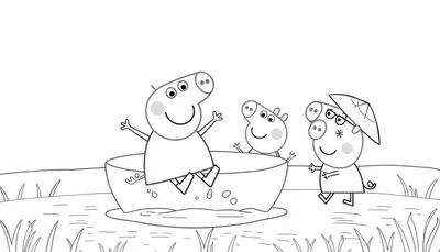 Peppa Pig et ses amis naviguent sur une rivière dans une petite barque, avec un parapluie.
