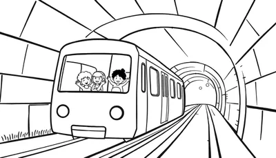 Dessin d'un train noir et blanc entrant dans un tunnel avec des enfants souriants à l'avant.
