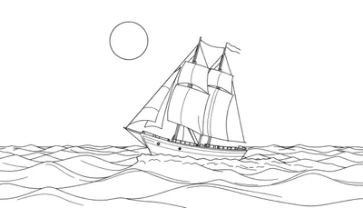 Dessin au trait d'un voilier avec des voiles, naviguant sur des vagues océaniques sous un ciel avec un cercle, avec un color panel.