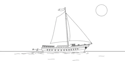 Dessin au trait d'un voilier blanc avec une grande voile sur une mer calme et un soleil dans le ciel, conçu comme un color panel.