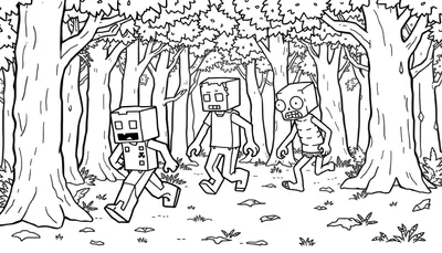 Page de coloriage Minecraft d'un Creeper, d'un Zombie et d'un Squelette dans une forêt.