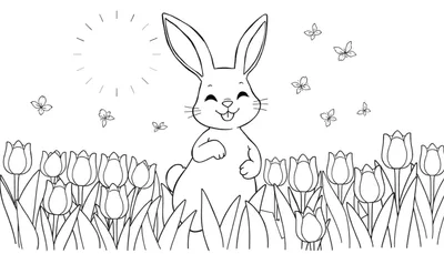 Un dessin au trait d'un lapin souriant au milieu d'un champ de tulipes colorées, avec des papillons dans le ciel et un soleil stylisé.