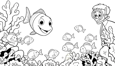 Un dessin au trait d'une scène sous-marine avec un plongeur souriant, des poissons colorés et des coraux. Le dessin est destiné à être colorié.