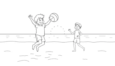 Dessin au trait noir et blanc de deux garçons jouant au ballon sur une plage, l'un sautant avec une balle, l'autre saluant.