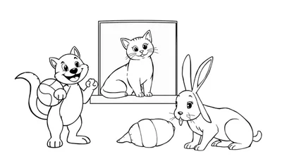 Un chat de dessin animé tenant un ballon, un autre chat assis dans une fenêtre et un lapin près d'une noisette, le tout sur un fond de color panel.