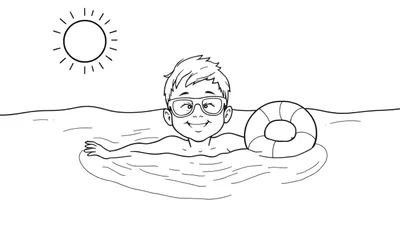 Un jeune garçon souriant nage avec des lunettes et une bouée de sauvetage, sous un soleil rayonnant. Le color panel est vif et joyeux.