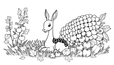 Petit cerf mignon avec un nœud papillon dans un paysage d'automne, prêt à être colorié.