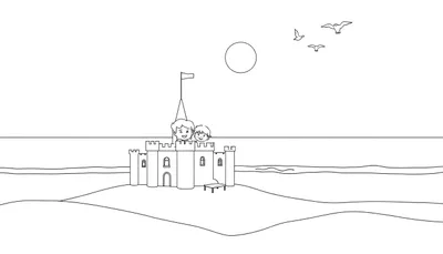 Illustration au trait d'un château de sable sur une plage avec deux enfants, l'océan et le soleil.