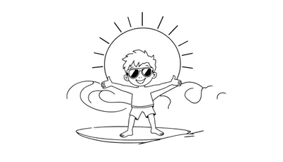 Dessin en noir et blanc d'un garçon souriant surfant, avec un soleil et des vagues, prêt pour le color panel.