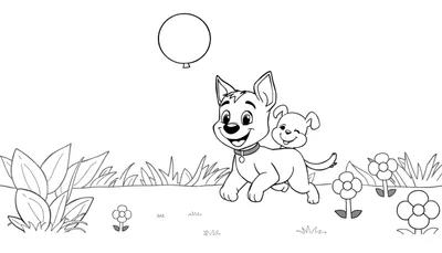 Un chiot souriant avec un ballon dans un jardin. Color panel.