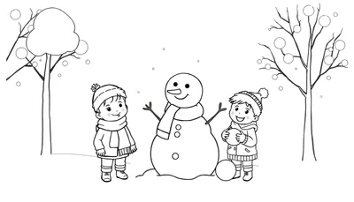 Dessin au trait d'enfants construisant un bonhomme de neige dans un paysage hivernal, prêt pour le color panel.