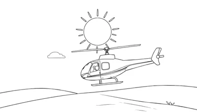 Dessin au trait d'un hélicoptère volant dans un ciel bleu avec un soleil souriant et un nuage. Le paysage en dessous est vallonné avec de l'herbe.