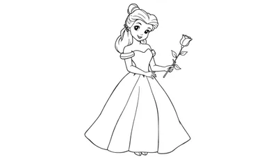 Dessin au trait de Belle tenant une rose, prêt pour le coloriage.