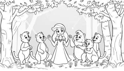 Dessin au trait noir et blanc d'une jeune femme dans une forêt avec des animaux joyeux, prêt pour le coloriage.