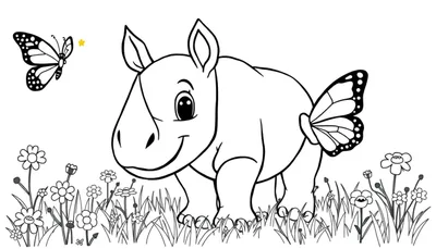 Un bébé rhinocéros coloré avec des ailes de papillon dans un champ de fleurs.