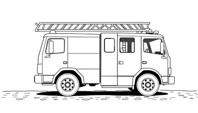Dessin en noir et blanc d'un camion de pompiers avec une échelle, sur un sol texturé.