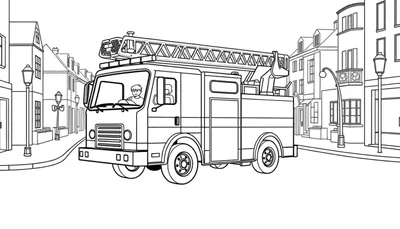 Dessin au trait d'un camion de pompiers dans une rue de ville avec des bâtiments et des lampadaires, prêt à être coloré.