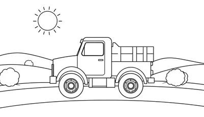 Un vieux camion agricole dessiné en noir et blanc sur une route de campagne, sous un soleil stylisé.