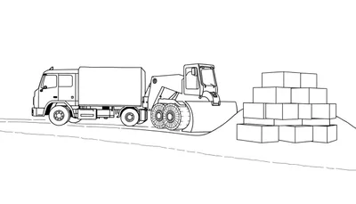 Un dessin au trait d'un camion jaune, d'une pelleteuse et de boîtes empilées, sur un fond clair avec une ligne d'horizon.