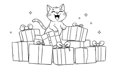 Un chat de dessin animé dans une pile de cadeaux, avec des étoiles en arrière-plan.