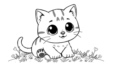 Dessin au trait d'un chaton mignon assis dans un champ de fleurs avec des rayures et une queue courte, prêt pour le color panel.