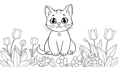 Un dessin au trait d'un chat dans un jardin de fleurs, conçu comme un panneau de coloriage.