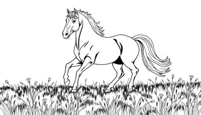 Un cheval noir et blanc galopant dans l'herbe.